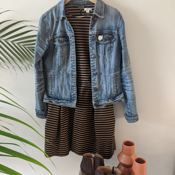 Ponte Black and Tan Striped Dress - Picture 3 of 6